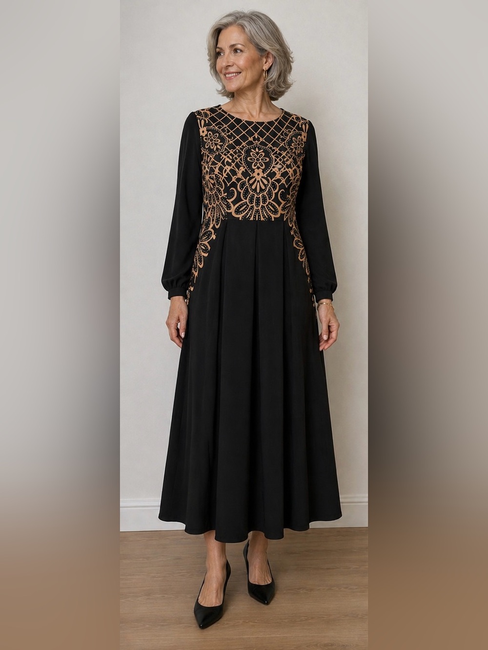 Order Plus Black Cotton Dress With Tan Floral Print and Sheer Sleeves Size XL